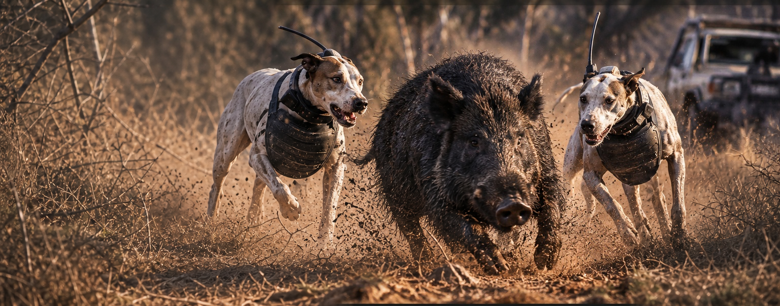 Working dogs running down a wild boar in the Australian bush